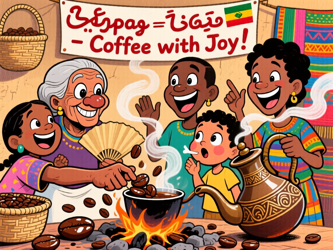 A family celebrating a traditional Ethiopian coffee ceremony with fragrant roasting beans.