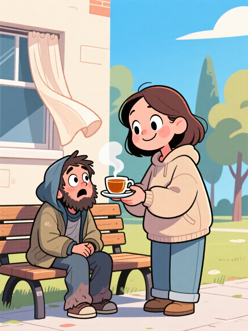 A heartwarming moment depicting a new parent offering a kind gesture to someone in need, as a gentle breeze stirs nearby curtains.