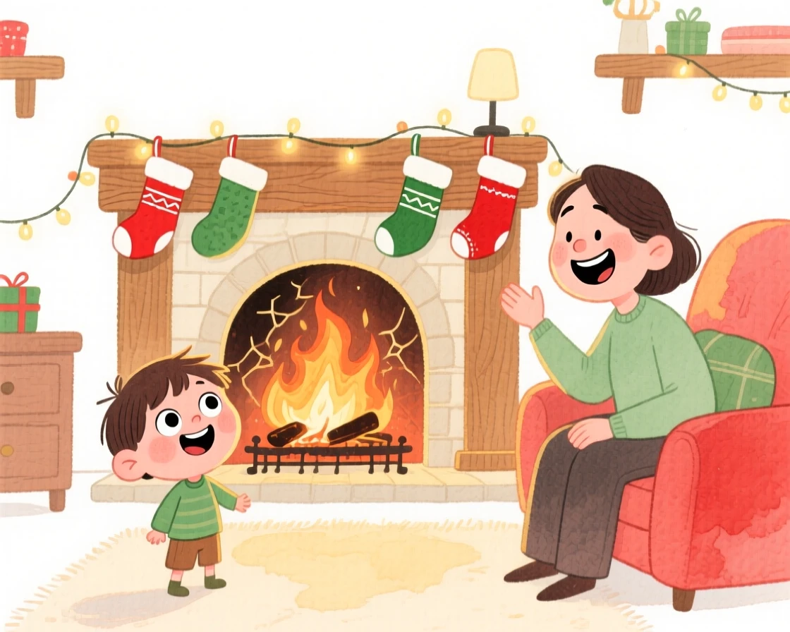A joyful celebration scene of a cozy Christmas morning with stockings by a crackling fireplace, sparkling with celebratory energy