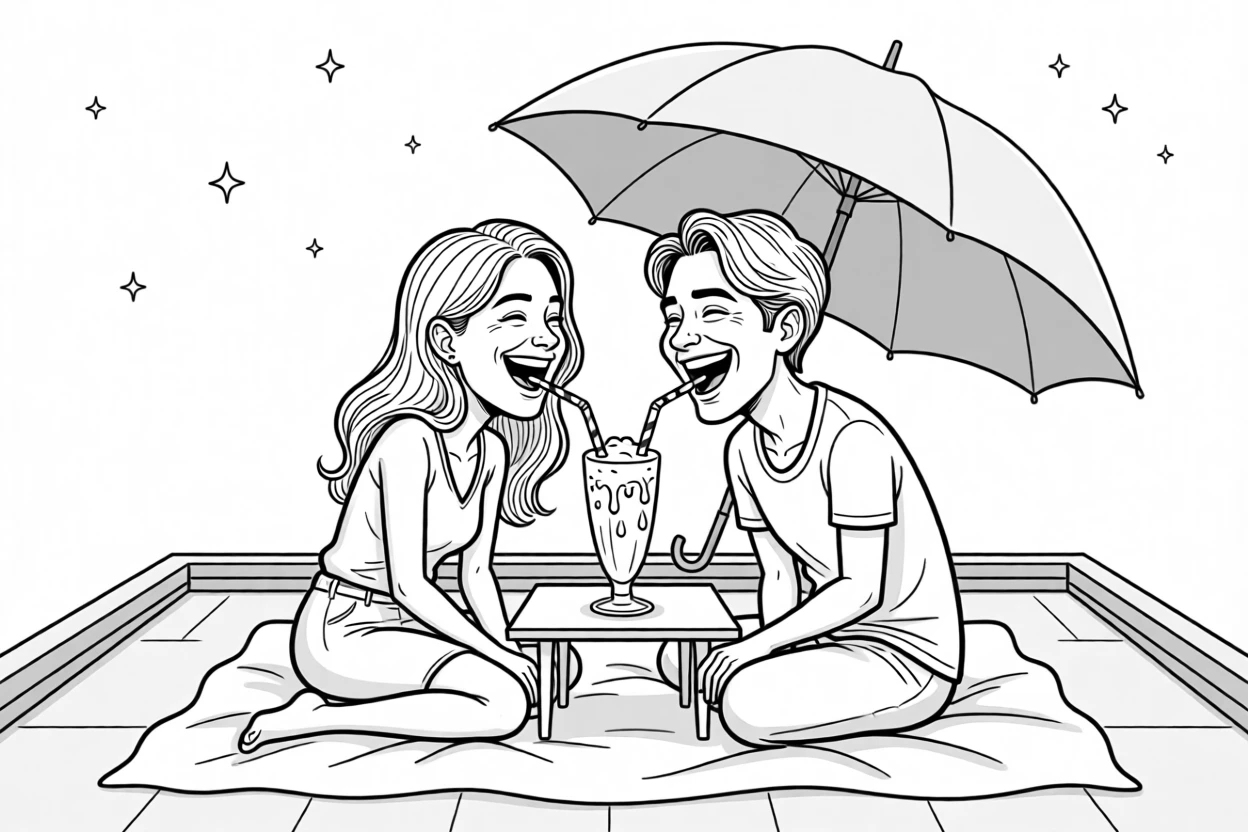 Two people caught mid-laugh under a shared umbrella, leaning in from opposite ends of the same striped straw, set on a rooftop blanket under a clear night sky. The milkshake glass sweats condensation onto the table. The scene feels like a love story told through small moments.