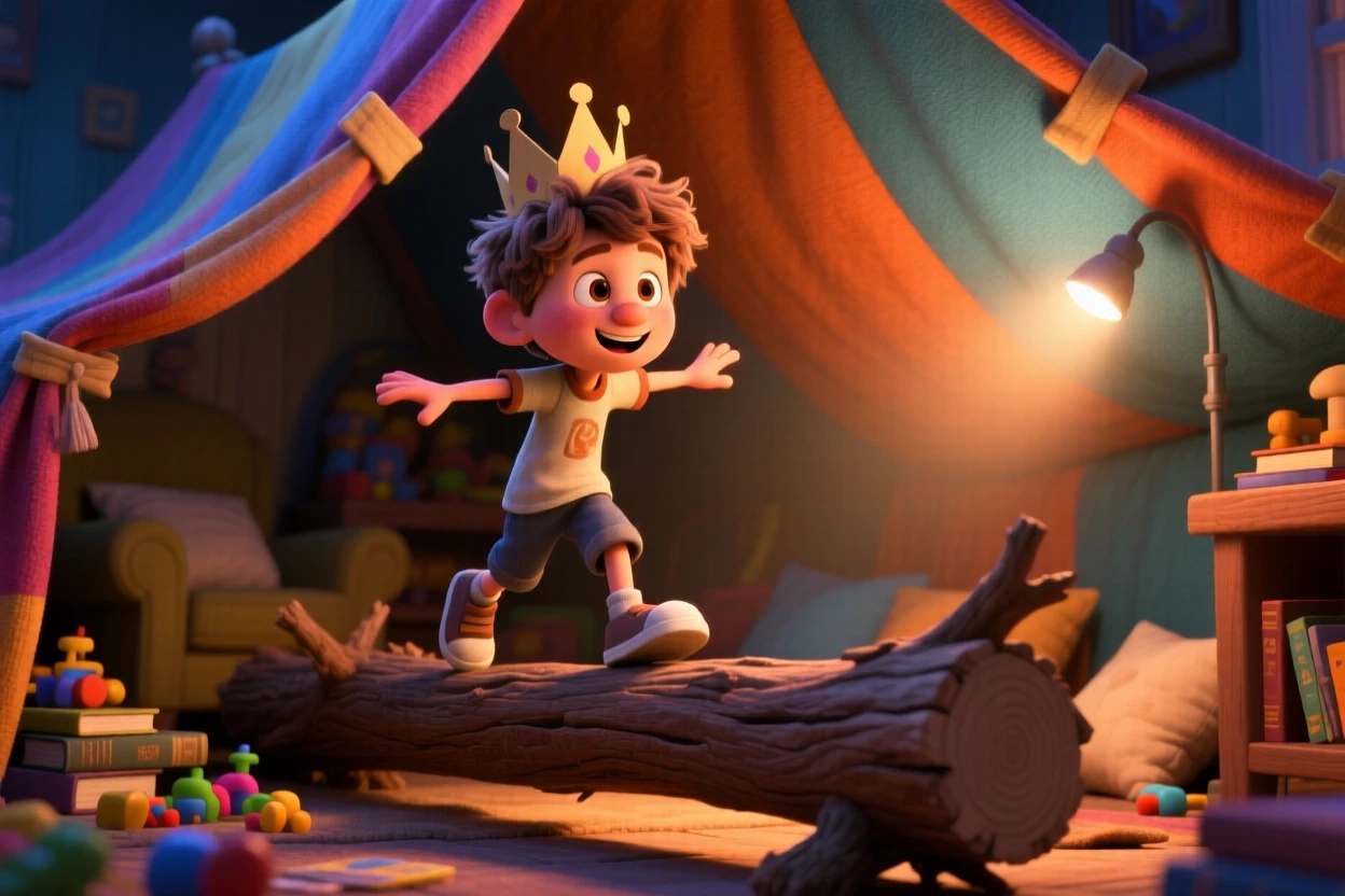 A boy balancing carefully along a fallen log takes place inside a blanket fort glowing with a flashlight, with a paper crown perched slightly crooked. A lighthearted sense of discovery colors the moment.