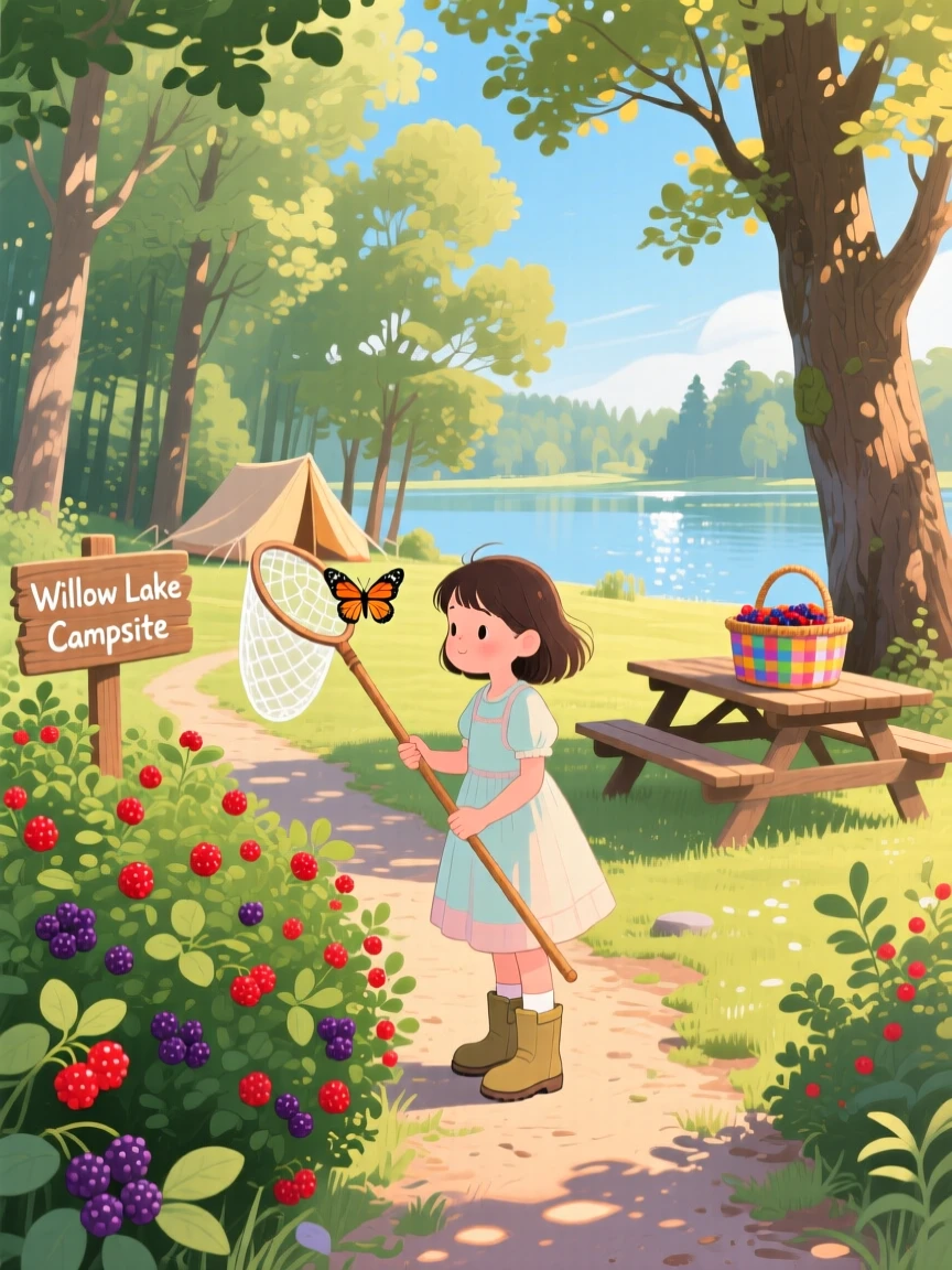 A girl with a butterfly net pauses while picking wild berries along a sunny trail in a quiet lakeside campsite, as sunlight filters through the leaves.