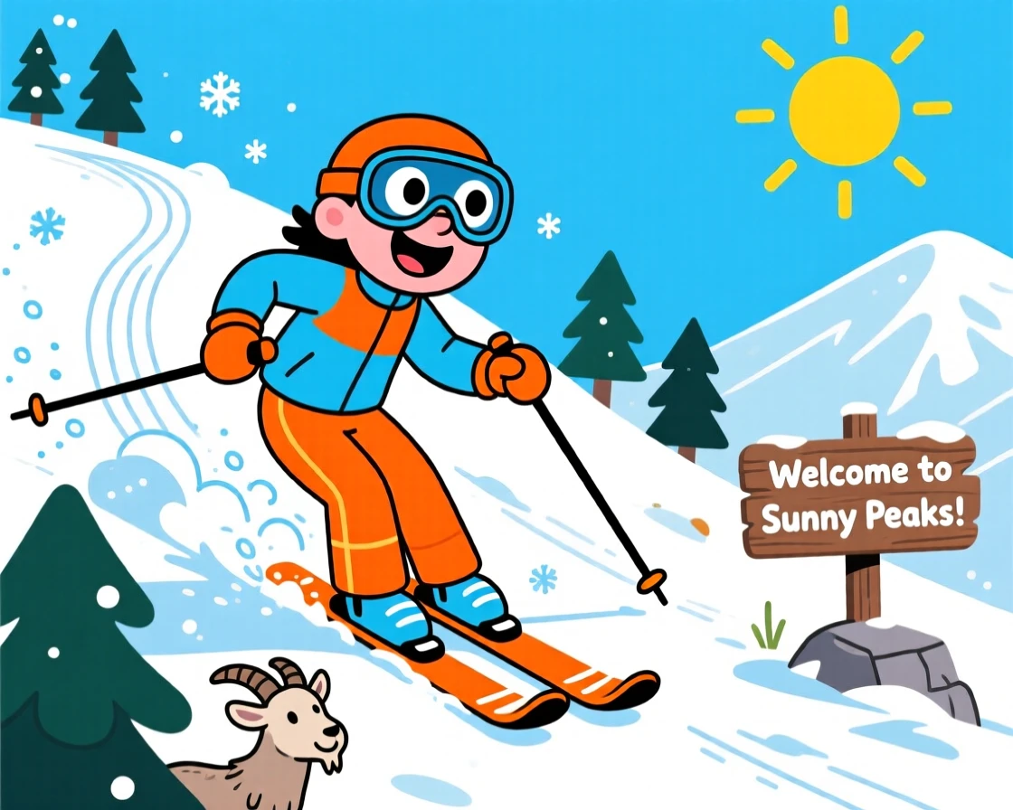 A skier carving fresh tracks down a sunny mountain slope.