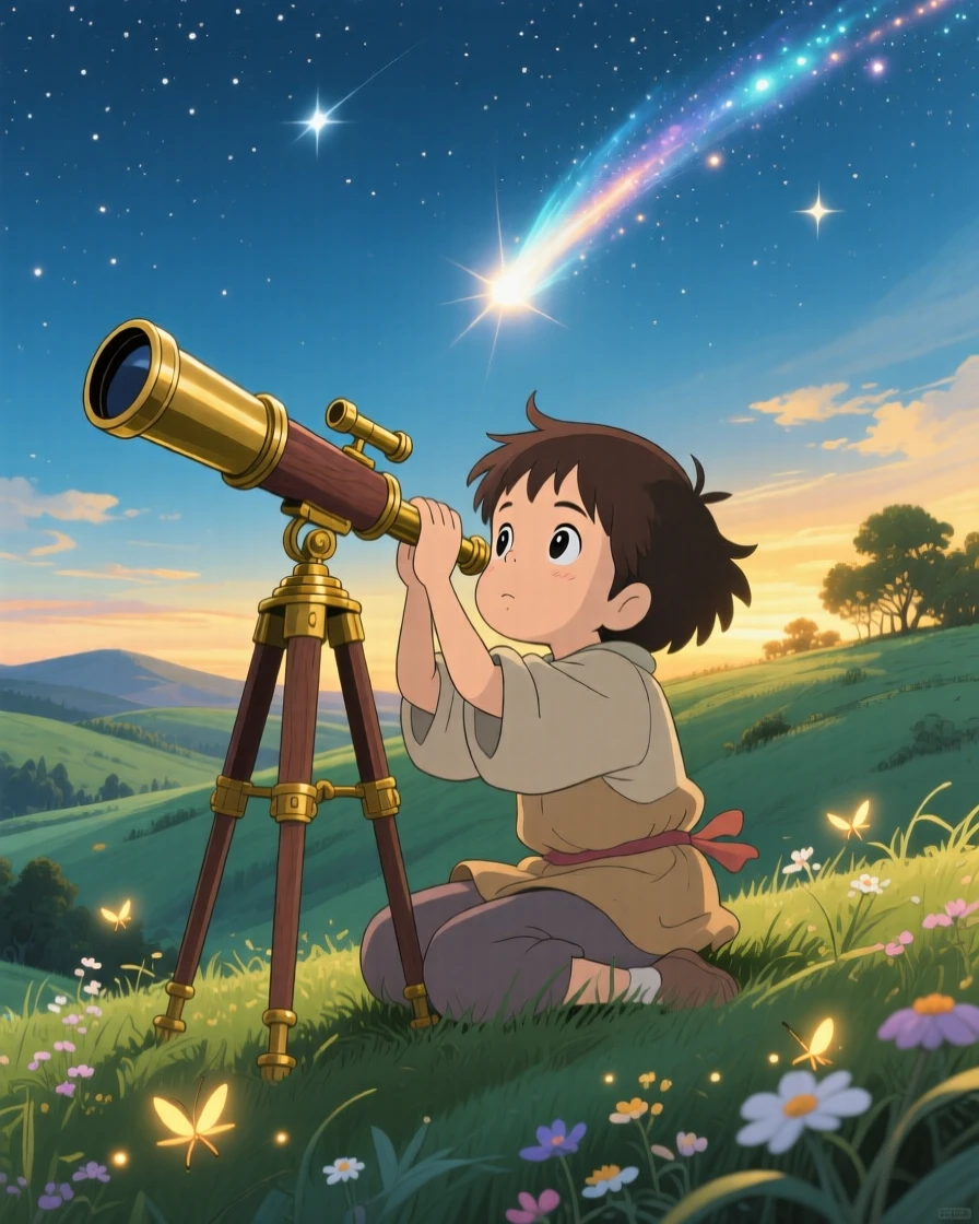 A curious child peering through an old telescope at a passing comet, the moment quietly triumphant.