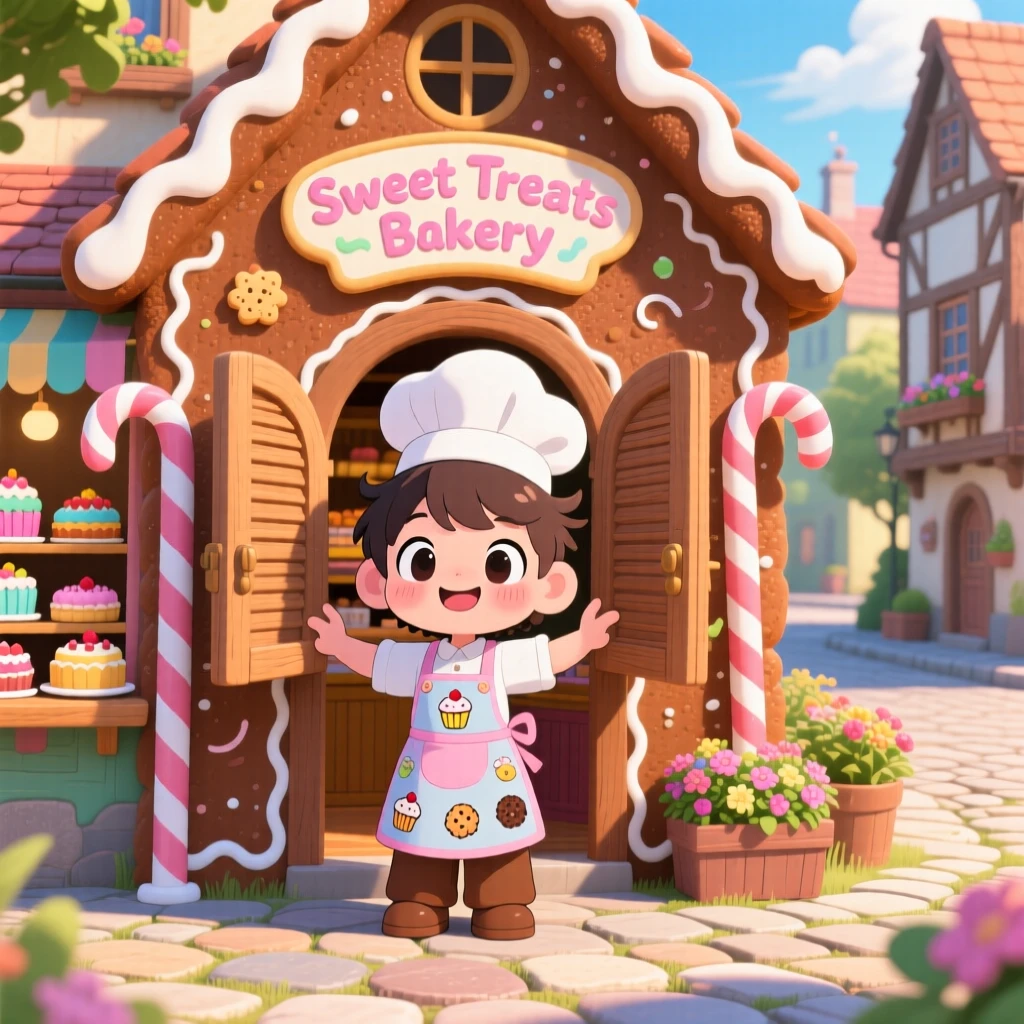 Symmetrical front-on view of a little baker, opening the shutters of a gingerbread-shaped shop, in a cozy storybook village square, during a light summer breeze, illuminated by bright midday sun, radiating playful mischief.
