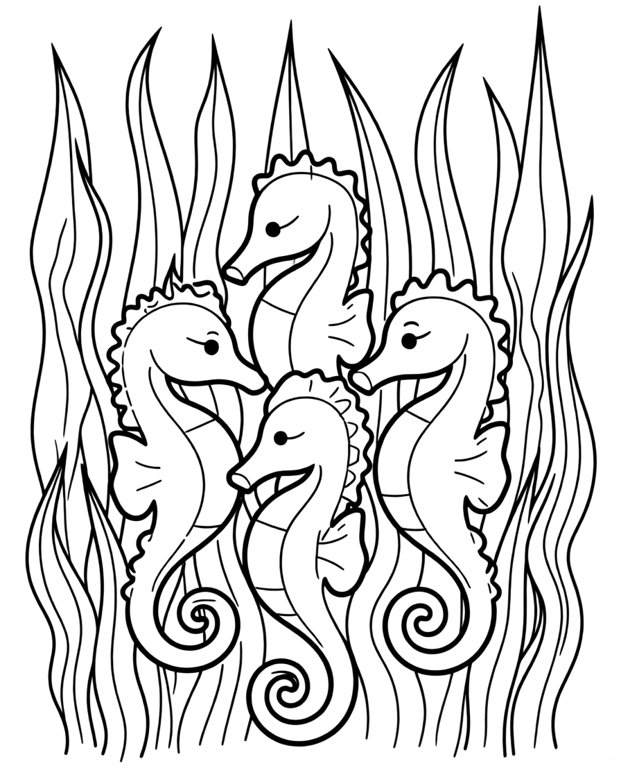 A group of seahorses holding tails together near seaweed