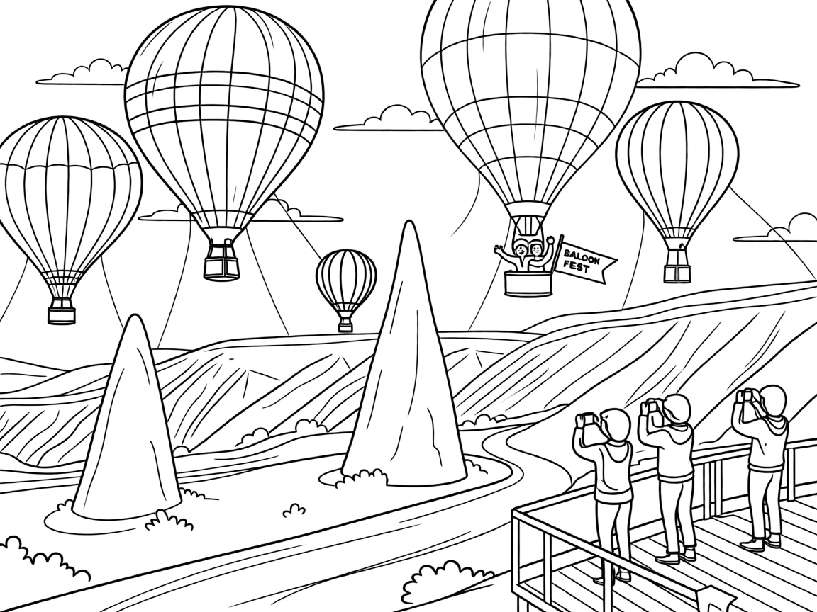 A hot air balloon festival over Cappadocia's rock formations, with a warm golden light bathing the scene.