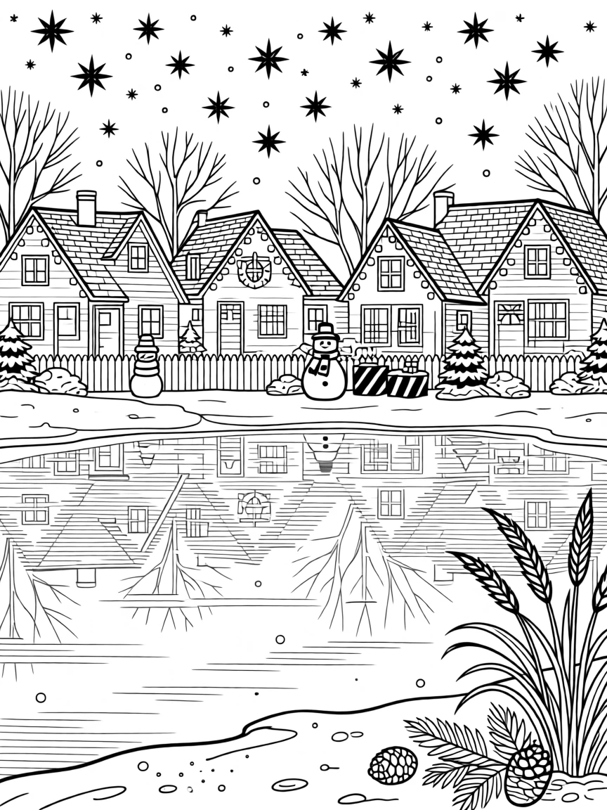 A winter holiday light display scene reflected in a neighborhood pond.
