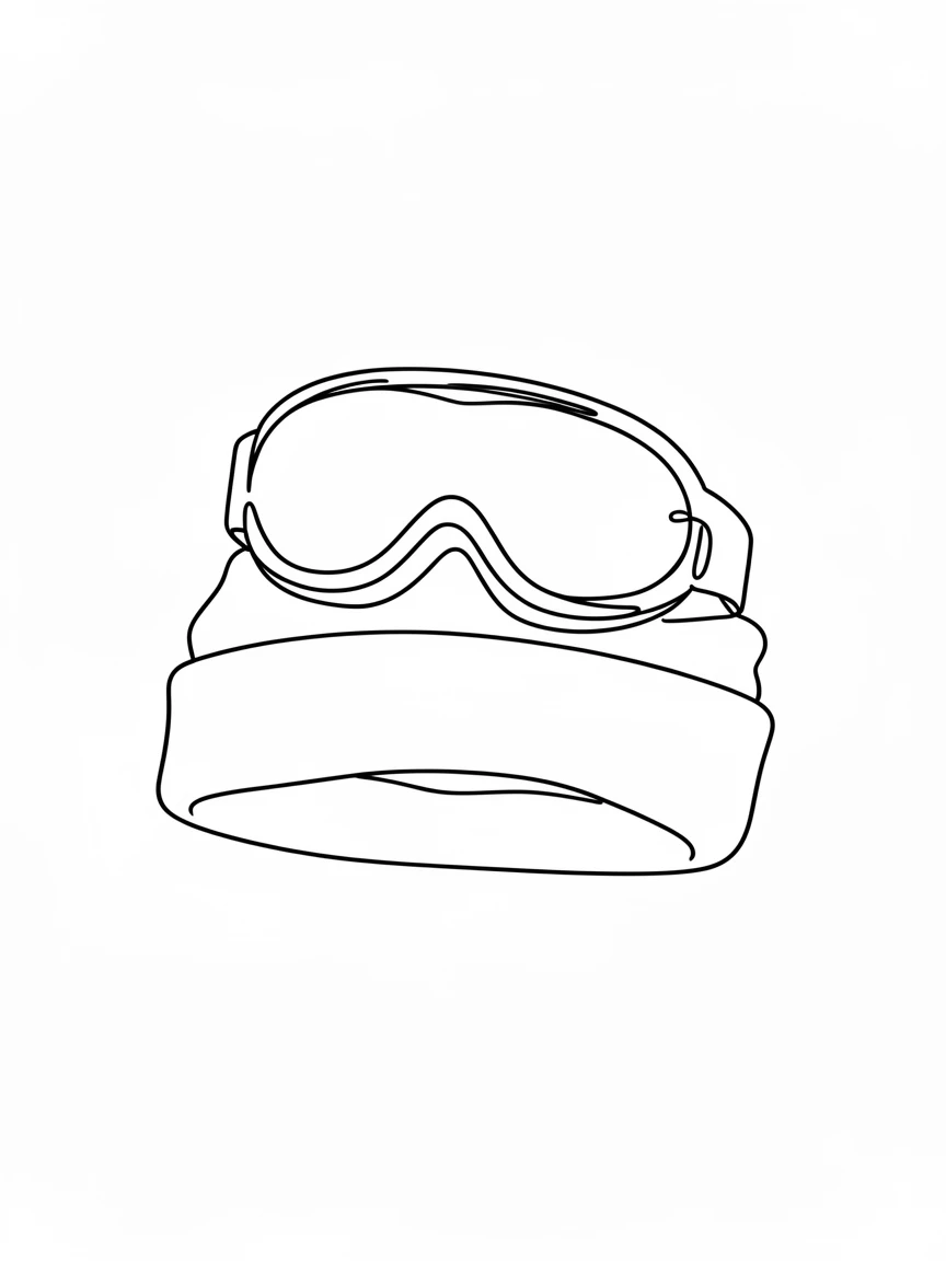 A pair of snow goggles resting on a folded winter beanie