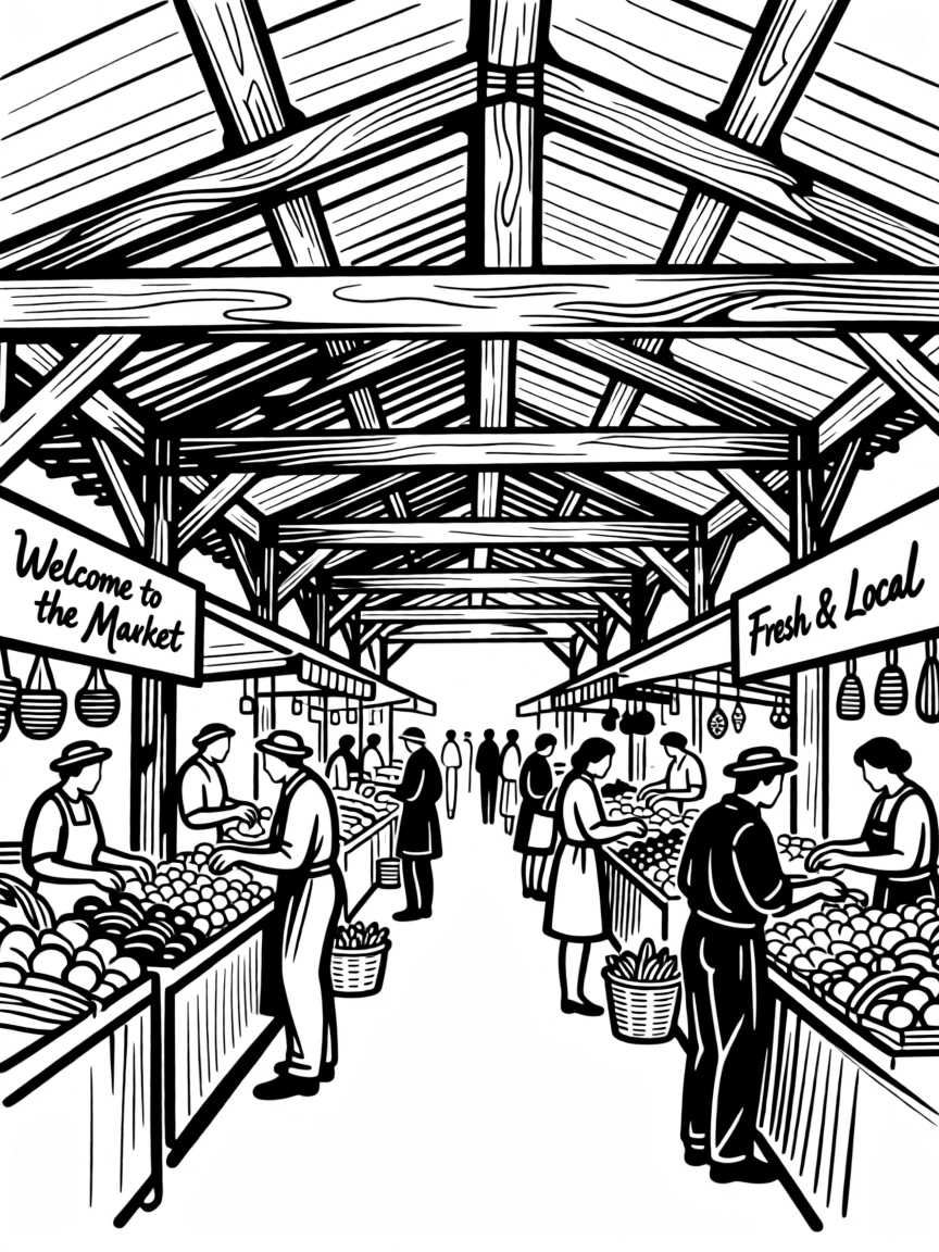 A rustic covered market hall bustling with vendors beneath wooden beams.