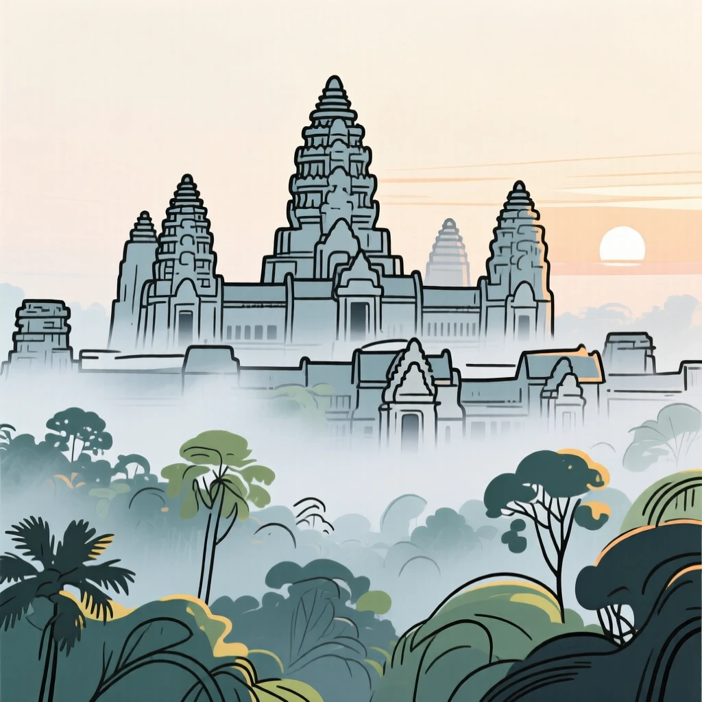 Angkor Wat rising majestically above a misty jungle at dawn.