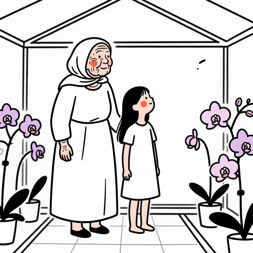 A grandmother and granddaughter of Iranian heritage, looking hopeful toward the horizon, in a greenhouse full of orchids.