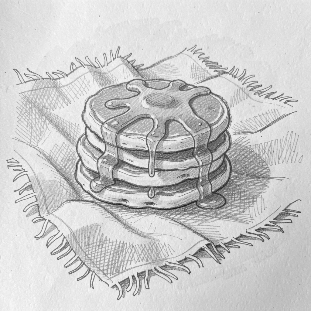 A cozy food scene featuring a stack of golden pancakes drizzled with syrup on a weathered picnic blanket, with a warm, inviting glow.
