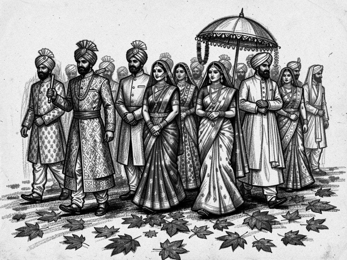 A traditional wedding procession in vibrant Indian attire, with autumn leaves scattered underfoot.