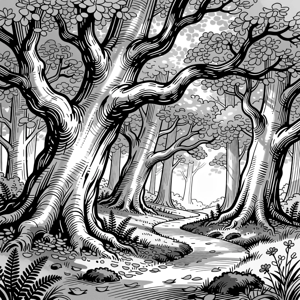 A hidden grove where trees grow with silver bark and golden leaves.