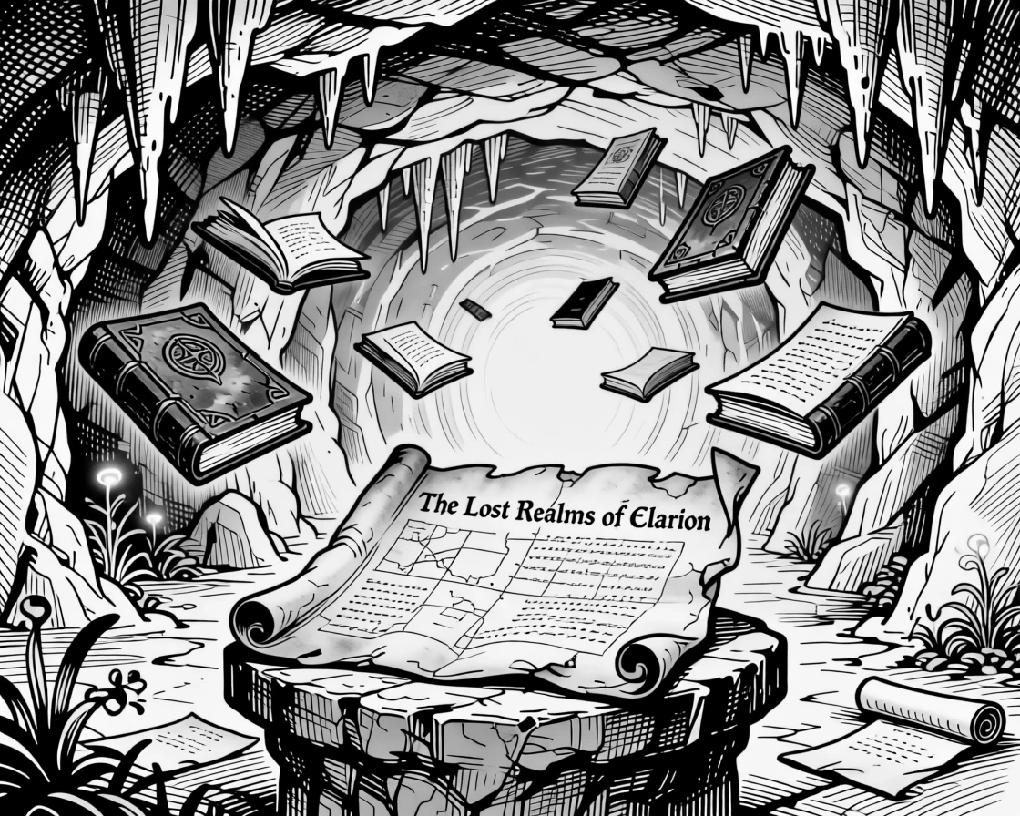 A library filled with floating books deep within a glowing underground cavern, with an old map unfurled nearby, forming a gently otherworldly fantasy scene.