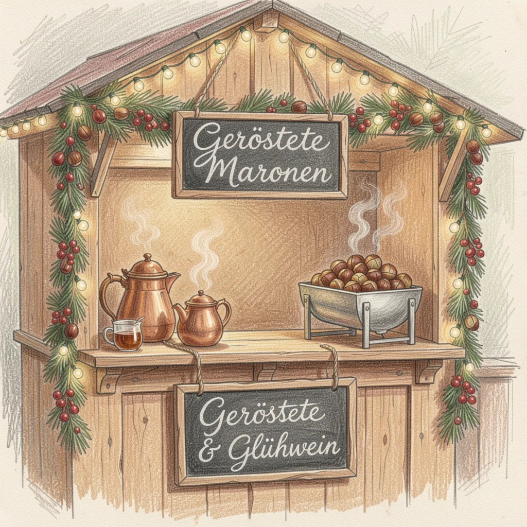 A German Christmas market stall selling roasted chestnuts and mulled wine, with soft, natural light bringing warmth to every detail, full of charm, emotion, and visual delight.