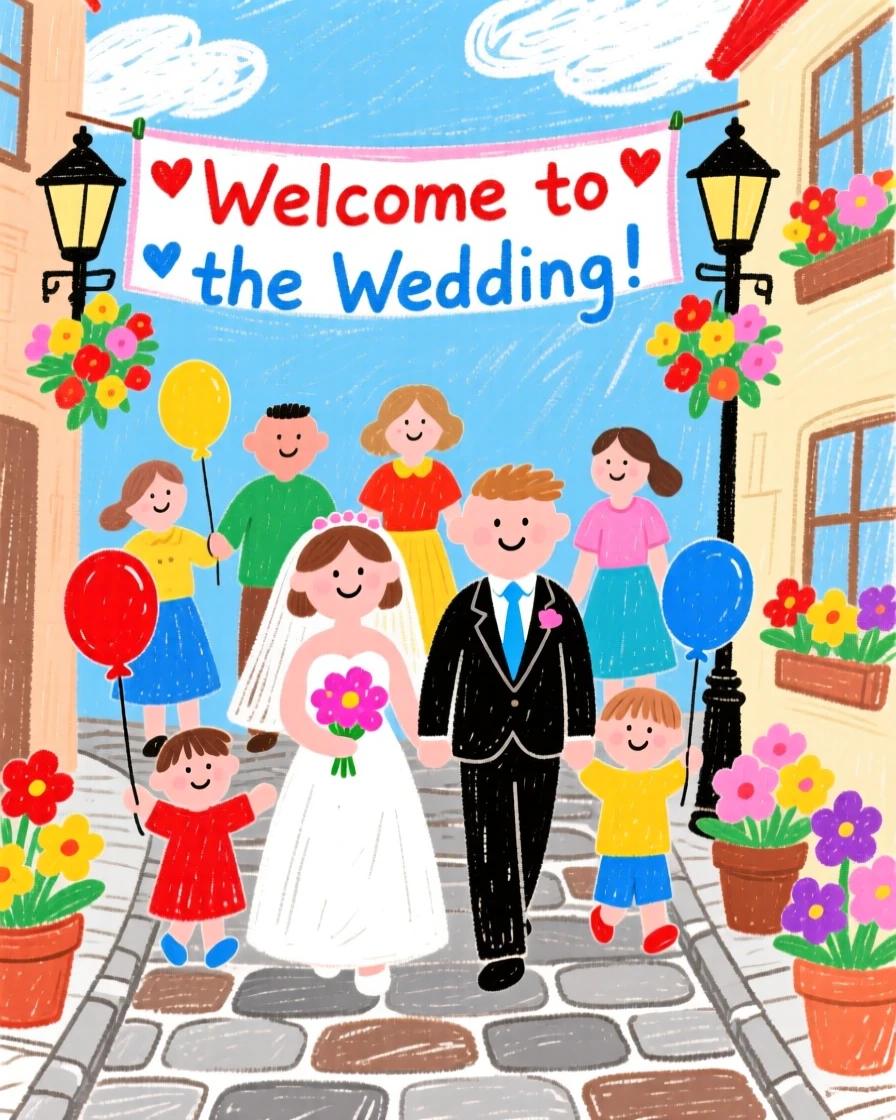 A wedding procession walking through a flower decorated street.