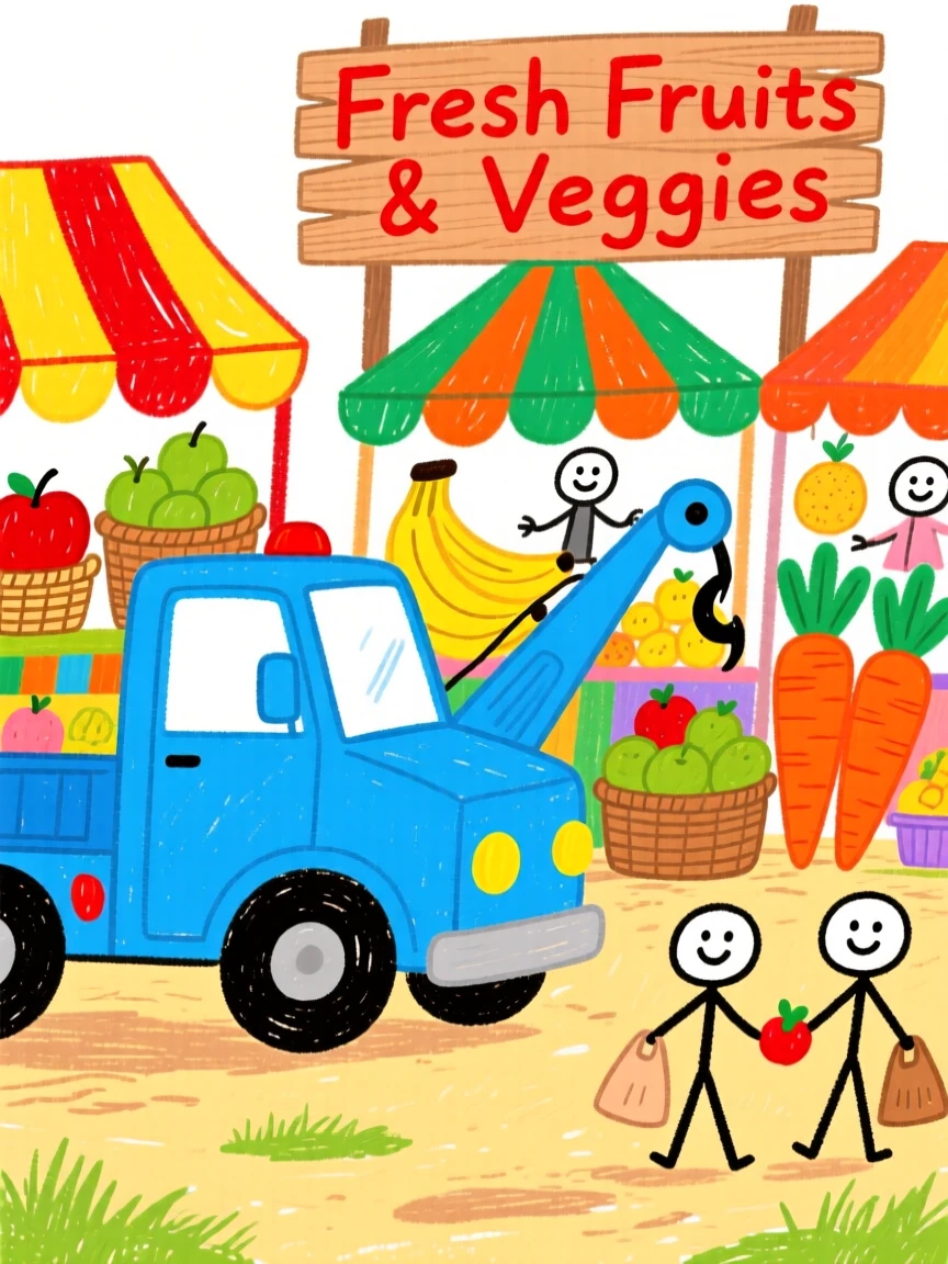 A bright blue tow truck parked beside a colorful farmers market.