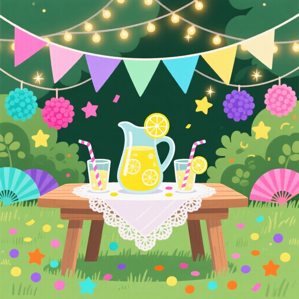 A cheerful garden party with pastel bunting and lemonade, surrounded by confetti and colorful paper decorations, arranged with vibrant colors creating a celebratory mood, with warm twinkling lights adding a magical sparkle.
