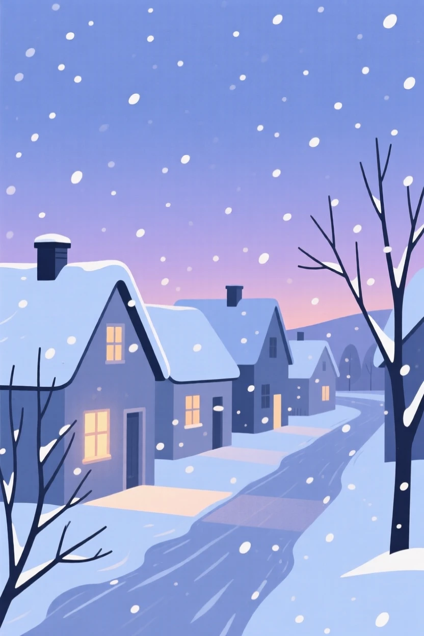A quiet snowfall blanketing a small village at dusk.