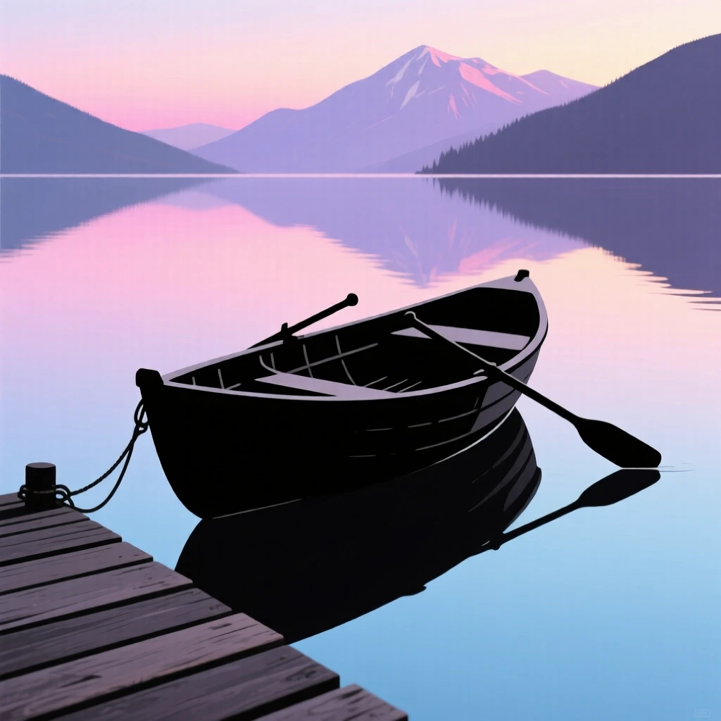 A single wooden rowboat tied to a dock on a glassy mountain lake.