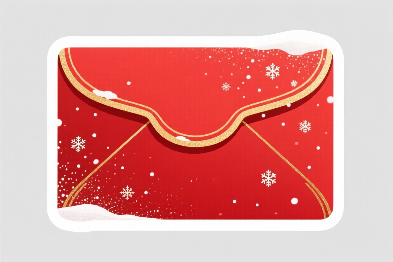 A warmly nostalgic Chinese New Year red envelope with gold trim, with a light dusting of glittering snow, during the most magical time of year.