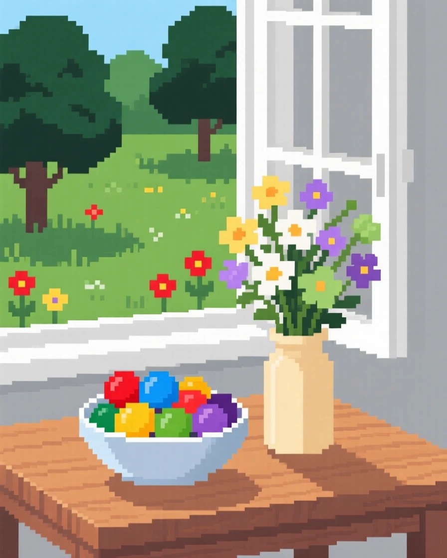 A bowl of colorful candy set beside a vase of wildflowers, beside an open window overlooking a garden.