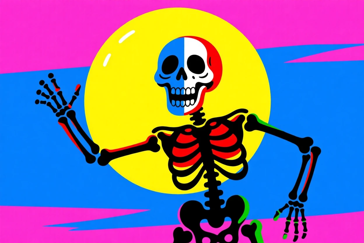 Halloween skeleton dancing under a full moon