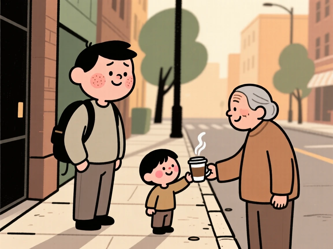 A tired commuter pauses mid-morning errands to watch a stranger's small act of kindness, a small smile crossing their face at the simple beauty of it.
