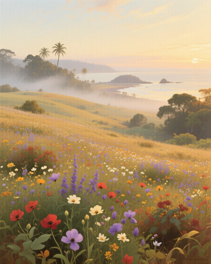 An expansive vista of a field of wildflowers stretching to the horizon, on a Pacific island, in mid-autumn, in a light morning mist.