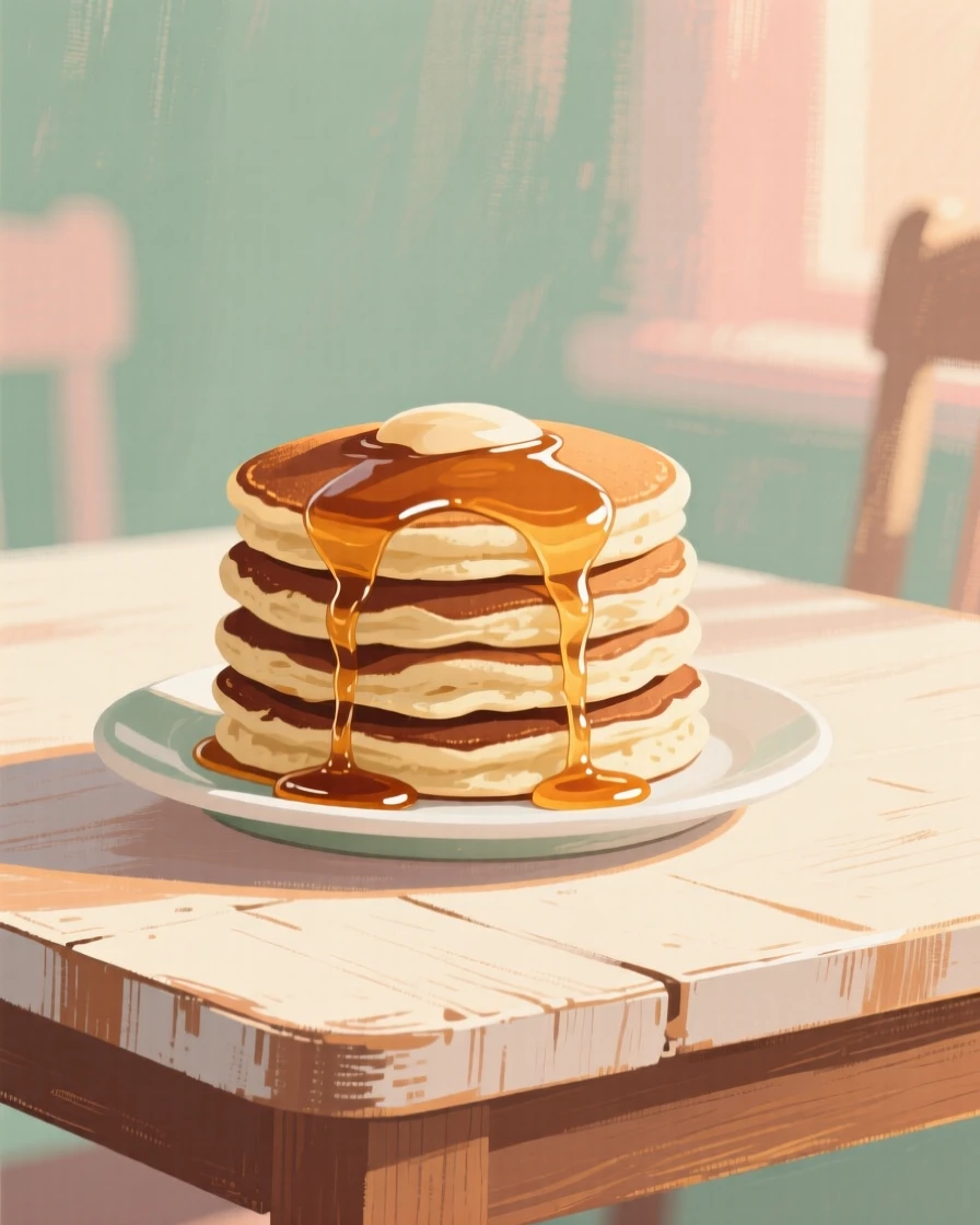 A stack of pancakes drizzled with syrup on a farmhouse breakfast table