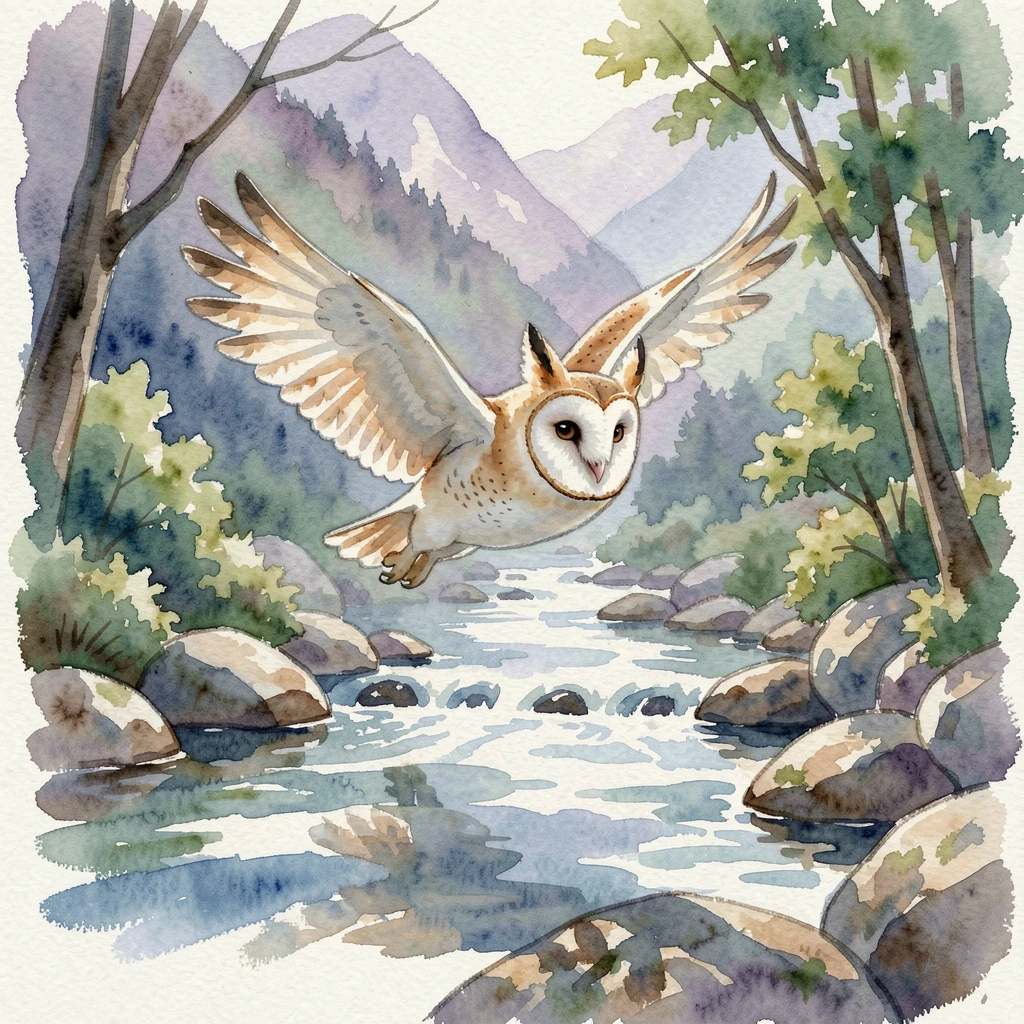 A barn owl in flight near a mountain stream with its ears perked up.