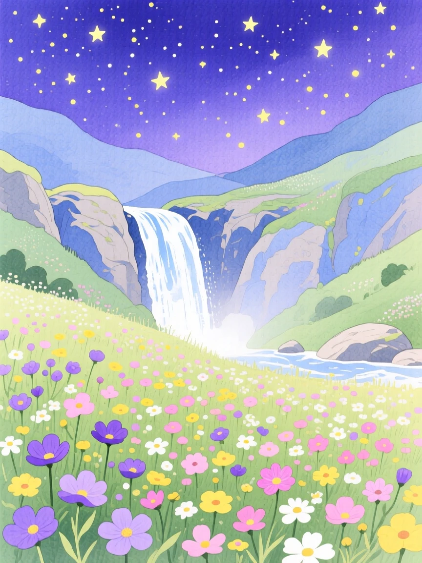 A breathtaking view of a valley of blooming wildflowers under a canopy of stars, with a waterfall cascading in the distance