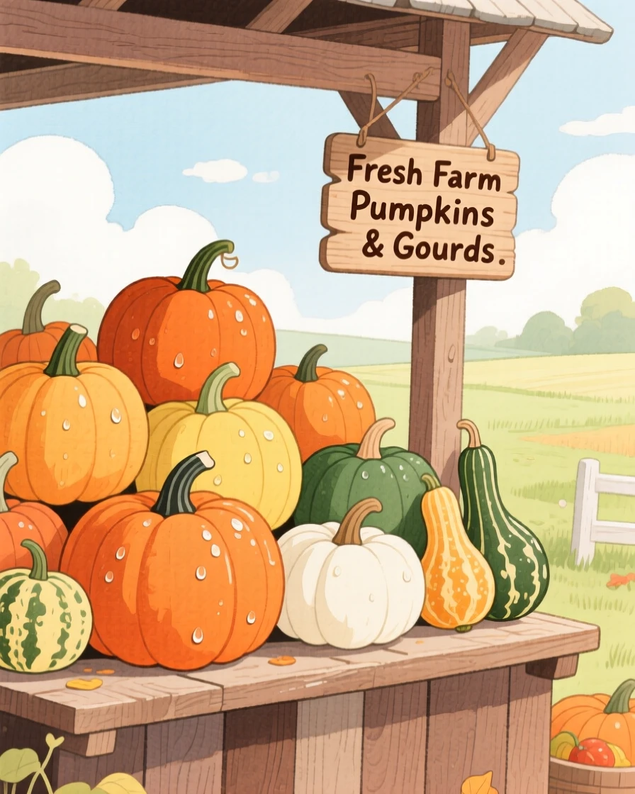 A stack of pumpkins and gourds at a farm stand glistening with morning dew.