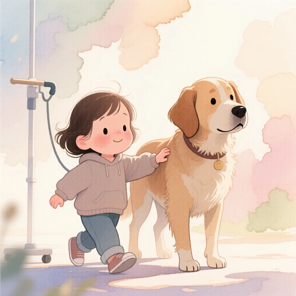 A child learning to walk again, supported by a loving therapy dog by her side, set against a softly blurred, dreamy background, radiating kindness, hope, and heartfelt emotion.