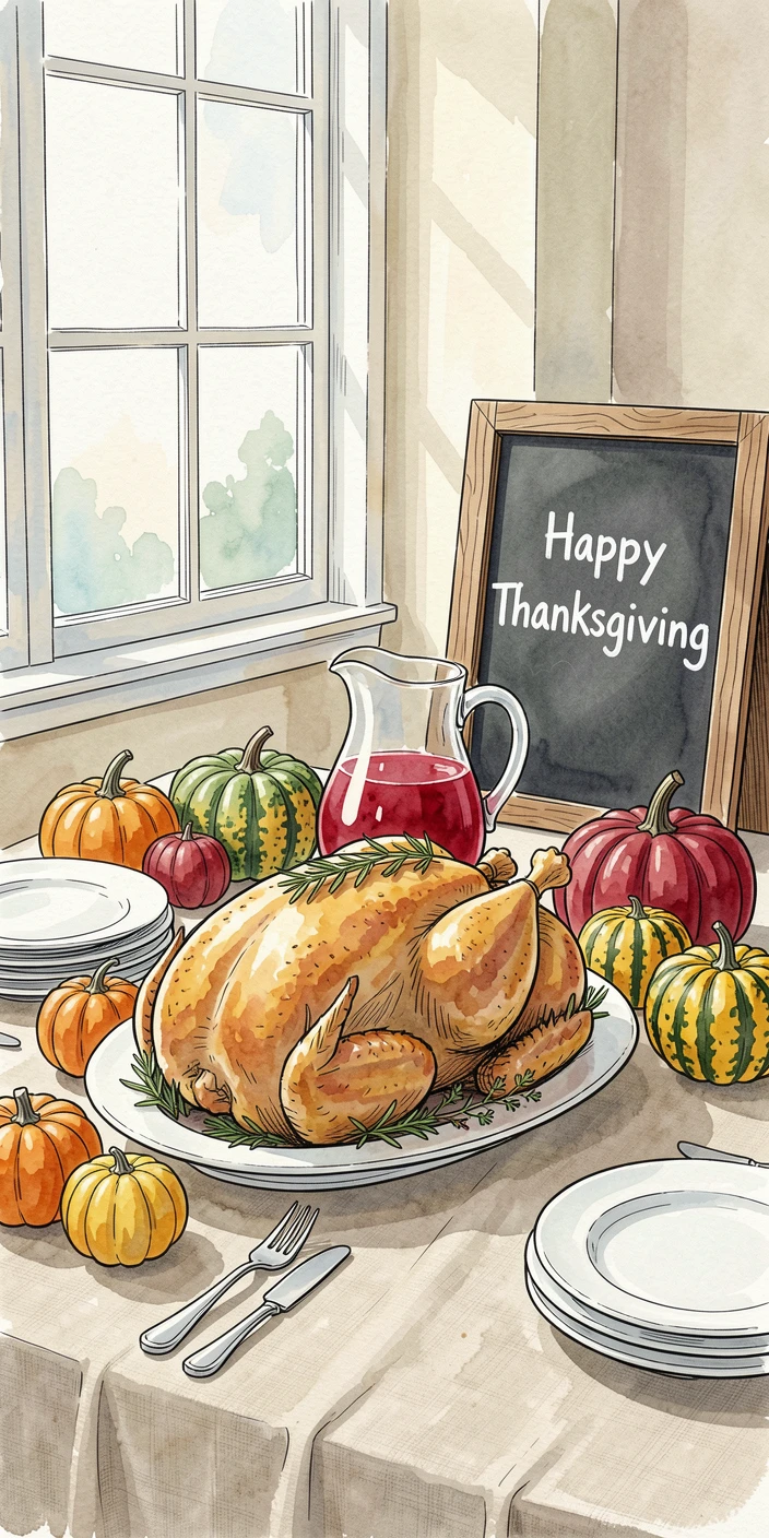 A Thanksgiving table set with a golden roasted turkey and autumn gourds, a nostalgic, comforting atmosphere settling over the scene.