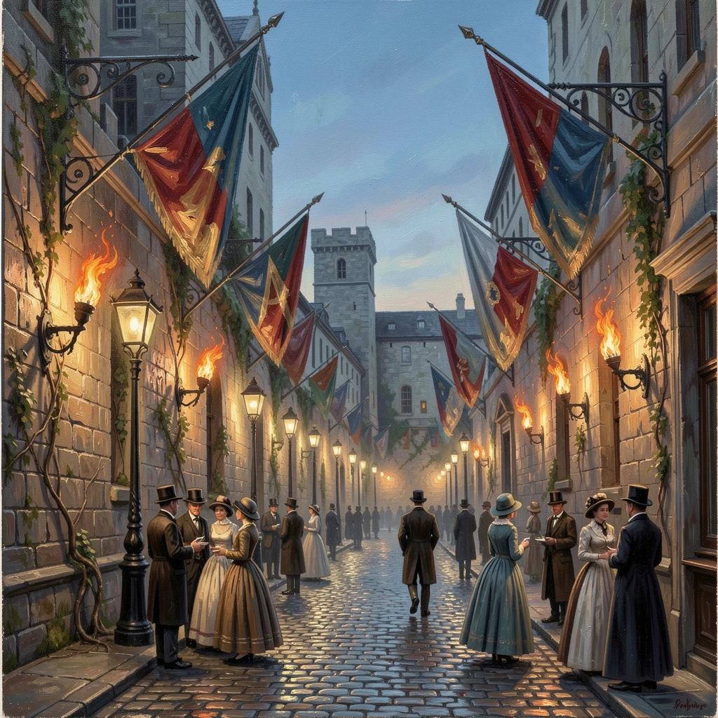 Beneath towering stone city walls, a Victorian-era street lit by gas lamps, banners fluttering from the rooftops above, under torchlight as evening falls.