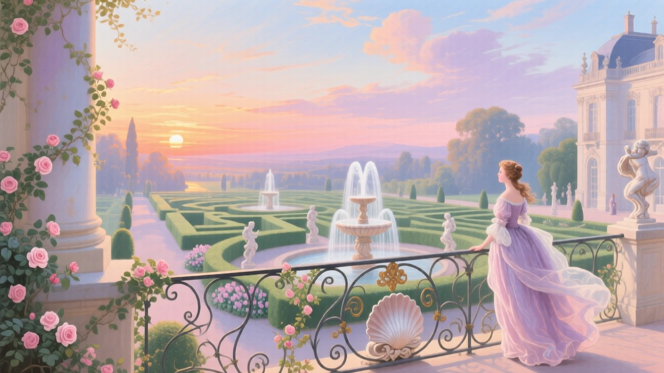 A sunset view from a palace balcony over a maze of fountains  