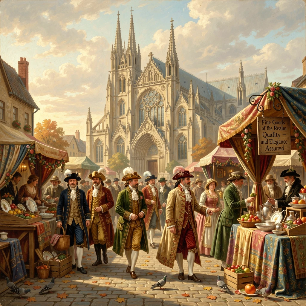 A procession of nobles sets up stalls in a plaza before an ornate cathedral on a busy market morning.