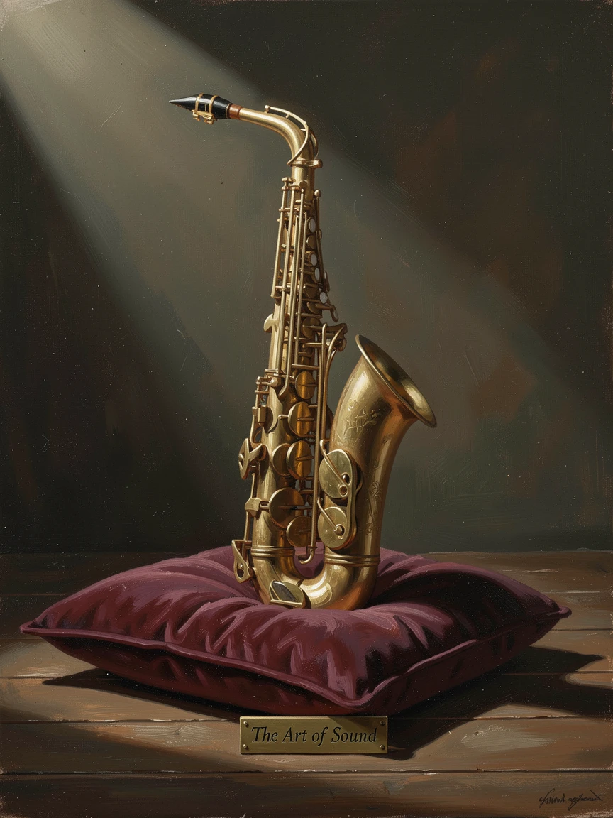 A polished saxophone resting on a velvet cushion beneath stage light, as delicate shadows fall across the surrounding surface, evoking elegance, refinement, and quiet luxury