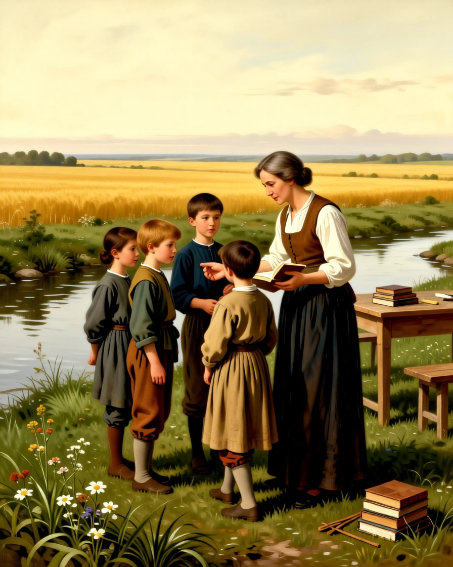A schoolteacher patiently guiding a small classroom of children as warmth and community shine through humble work, set beside a quiet stream at the edge of golden fields, with modest but well-tended surroundings speaking of quiet pride; the horizon and open sky give even modest labor room to breathe, suggesting that meaning is found in life's smallest rituals.