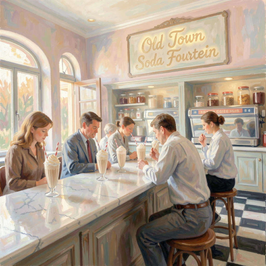 An old-fashioned soda fountain shop with checkered floors and patrons sipping milkshakes at the counter, capturing a moment of quiet intimacy.