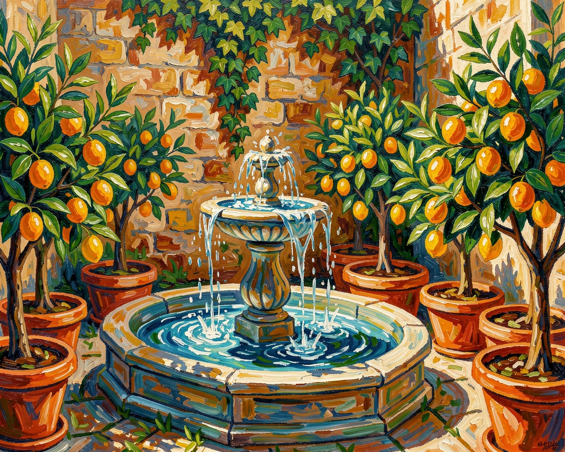 A courtyard garden with a bubbling fountain surrounded by potted citrus trees.