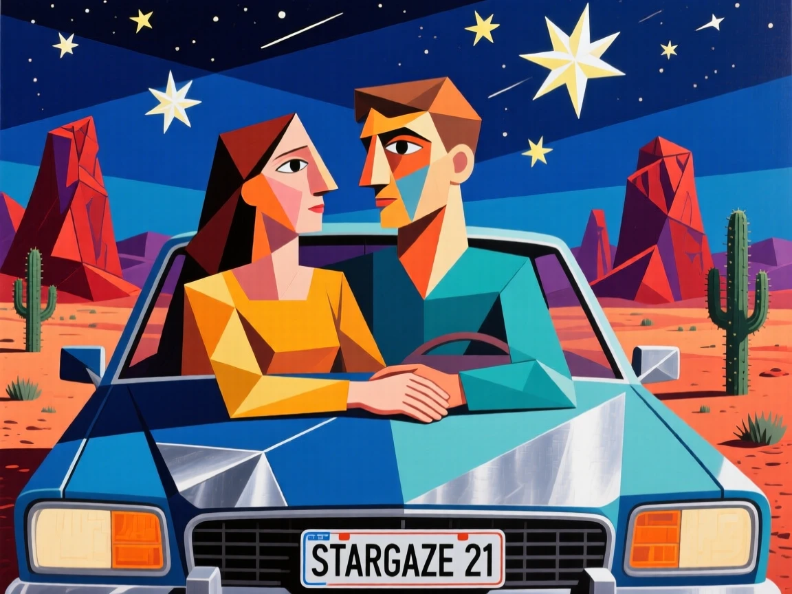 A young couple stargazing from the hood of a car in a quiet desert.