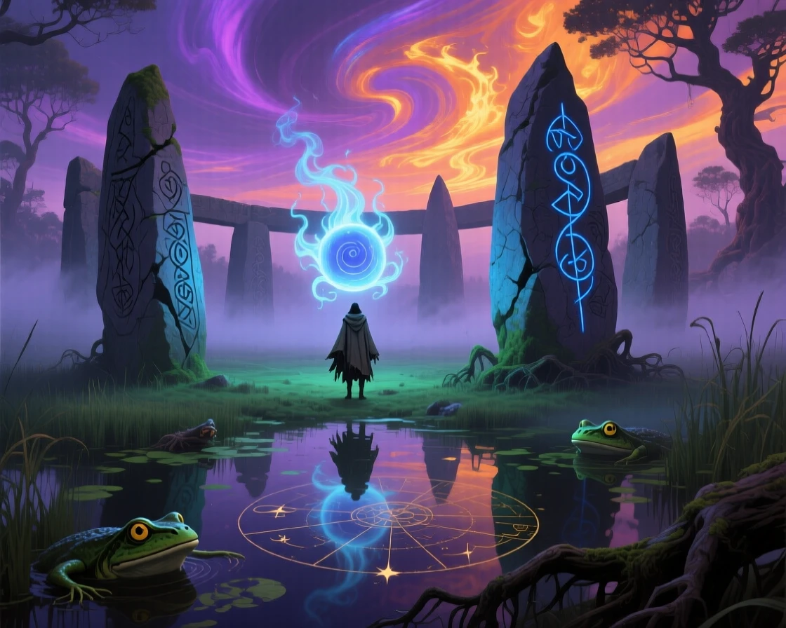 A will-o'-the-wisp leading a lost traveler through a misty bog stands motionless at the center of an ancient stone circle, while the surrounding air shimmers faintly with old magic.