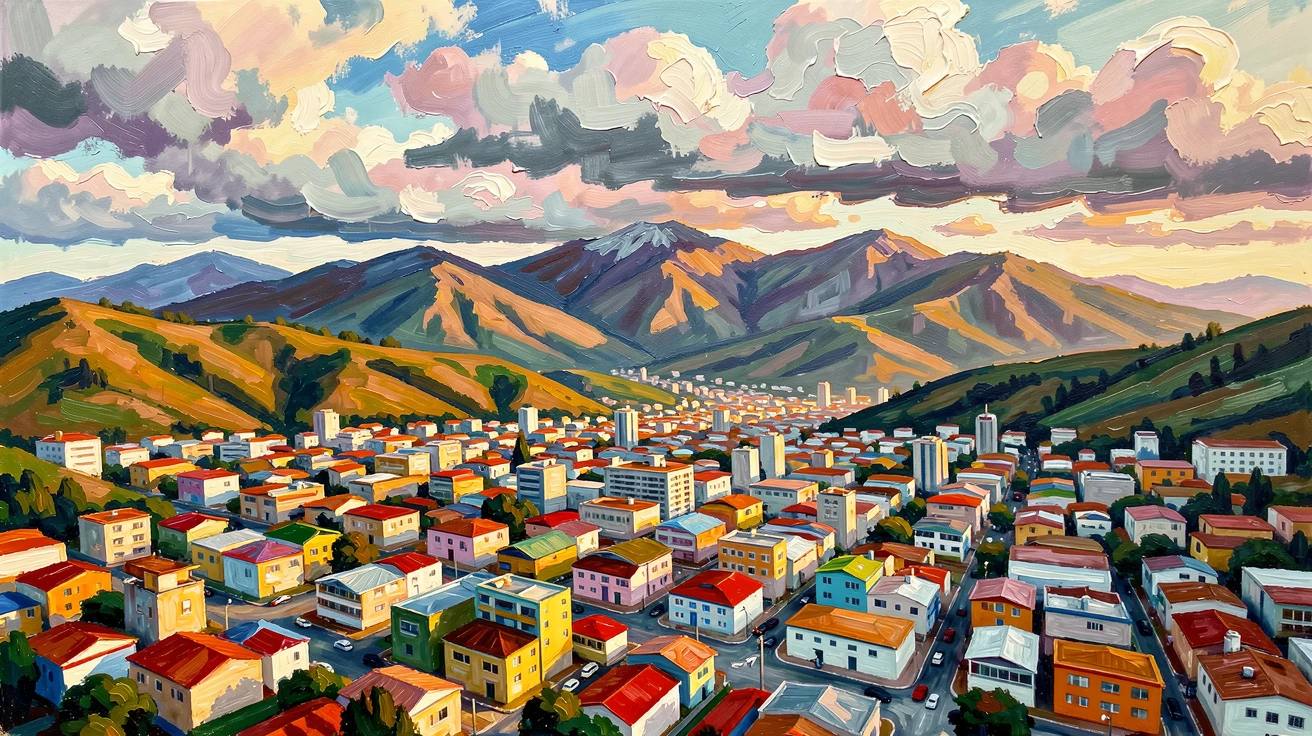 A vibrant aerial view of Bogotá shows colorful neighborhoods climbing into the surrounding Andes foothills beneath dramatic afternoon clouds, the changing light gradually shifting the mood of the landscape from moment to moment.