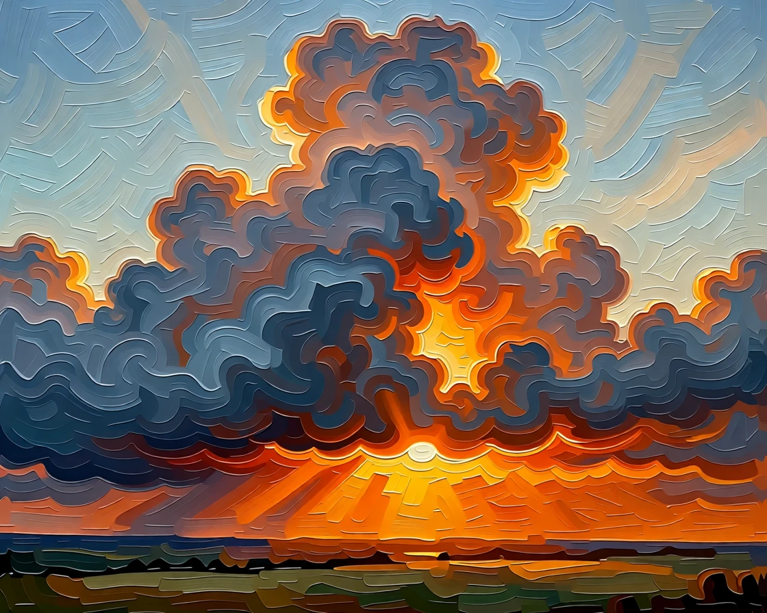 Towering storm clouds catching brilliant orange light just before sunset