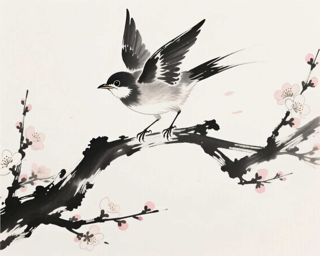 A young bird takes its first flight from a blossoming branch, as a gentle breeze carries the scent of blossoms.