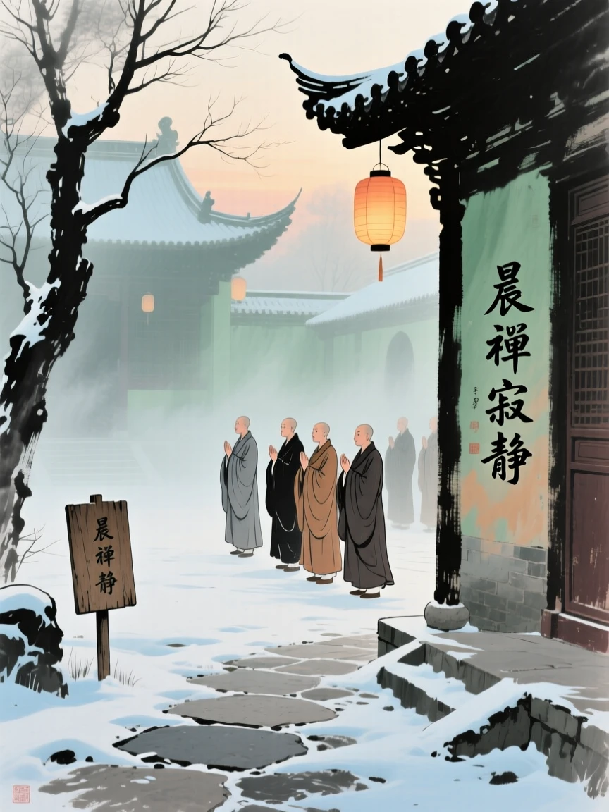 A group of monks chanting at dawn in a mist covered monastery courtyard, as lanterns are lit for the evening, filled with tranquil stillness, as winter frost settles.